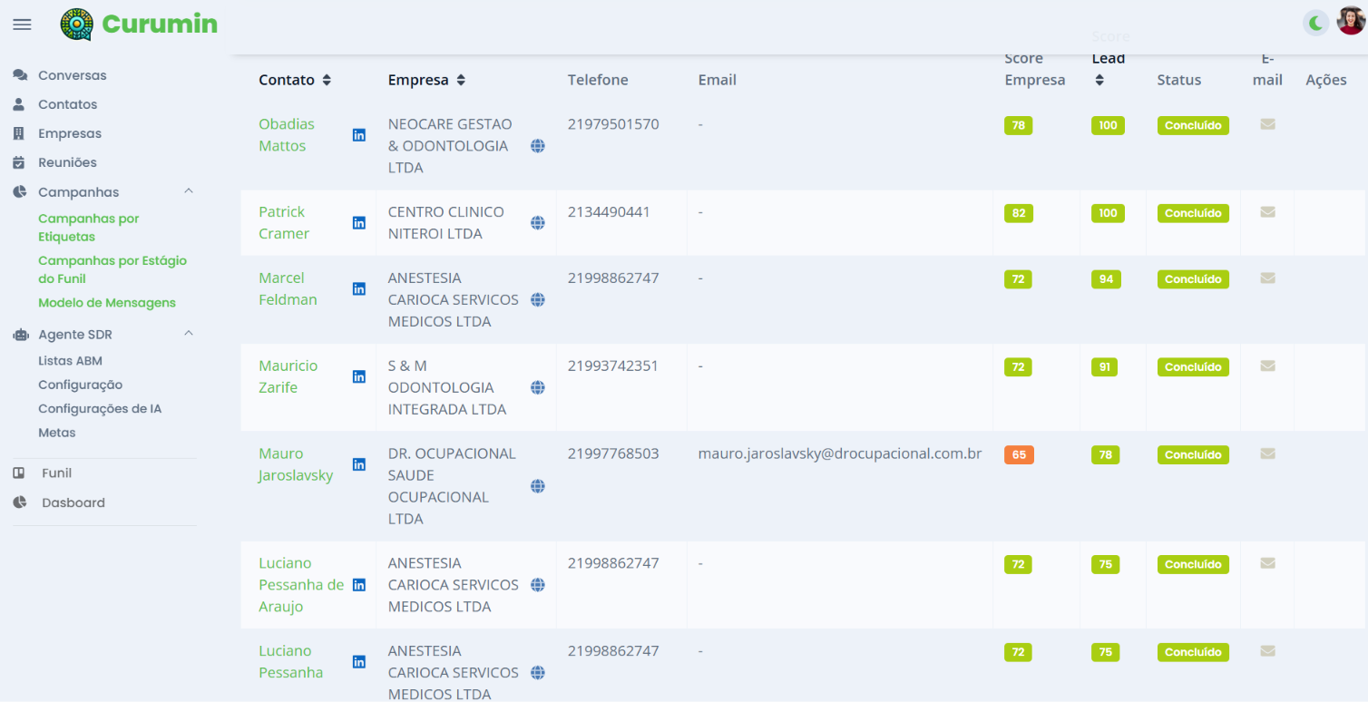 Tela de Listas ABM e Contatos do Curumin